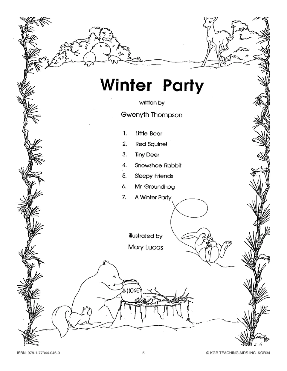 Winter Party story title page listing 7 chapters: Little Bear, Red Squirrel, Tiny Deer and four more
