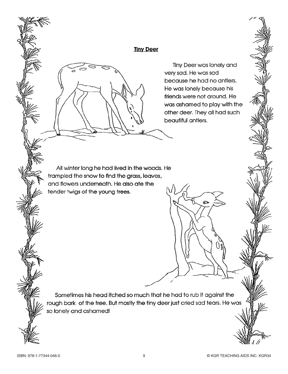 Chapter 3, 'Tiny Deer': a lonely deer with no antlers eats twigs and rubs his itchy head on tree bark