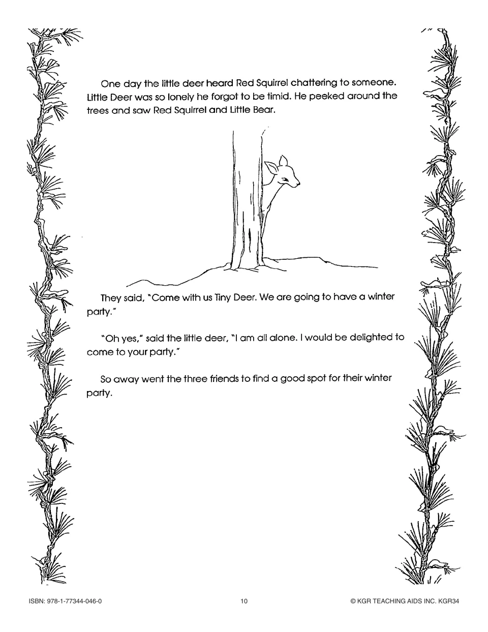 Chapter 3 continued: Tiny Deer peeks from behind a tree and joins Red Squirrel and Little Bear for the winter party