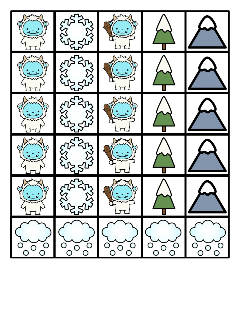 Winter pattern picture cards: yetis, snowflakes, club-holding yetis, snowy trees, mountains and snow clouds to cut out