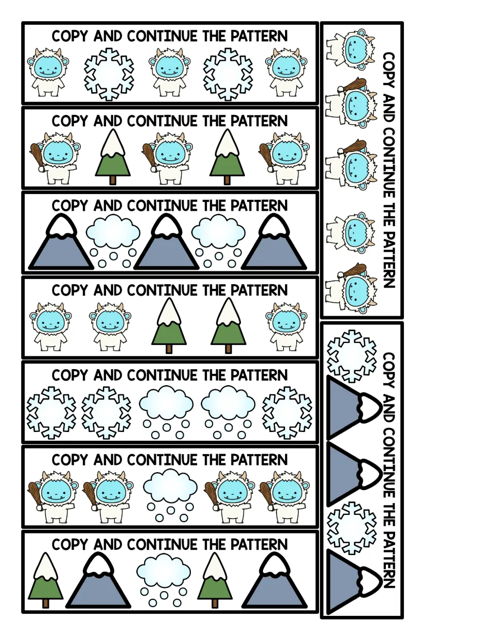 Copy and continue the pattern: students extend AB, AABB, ABB and ABC strips of yetis, snowflakes, trees and clouds