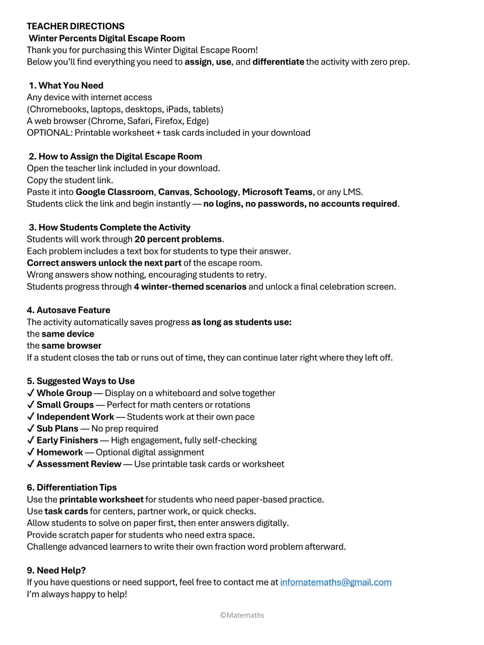 Teacher directions for the digital escape room: devices needed, assigning the link via an LMS, autosave and ways to use it