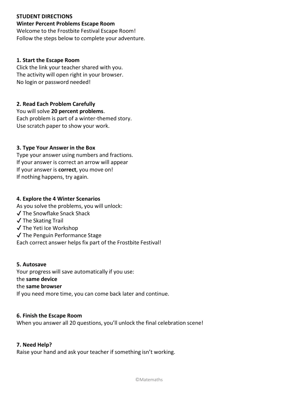 Student directions for the Frostbite Festival escape room: solve 20 percent problems and unlock four winter scenarios