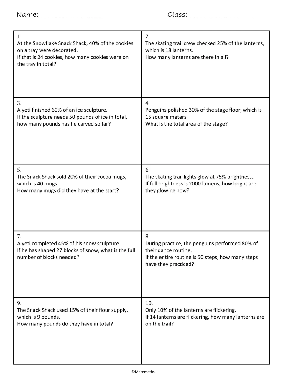 Percent word problems 1-10: students find a whole from a part or a percent of a total in winter festival stories