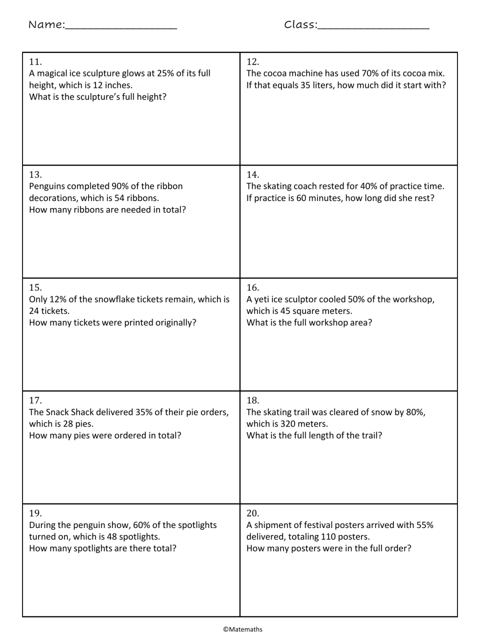 Percent word problems 11-20: students find totals such as ribbons, tickets, trail length and posters from a given percent