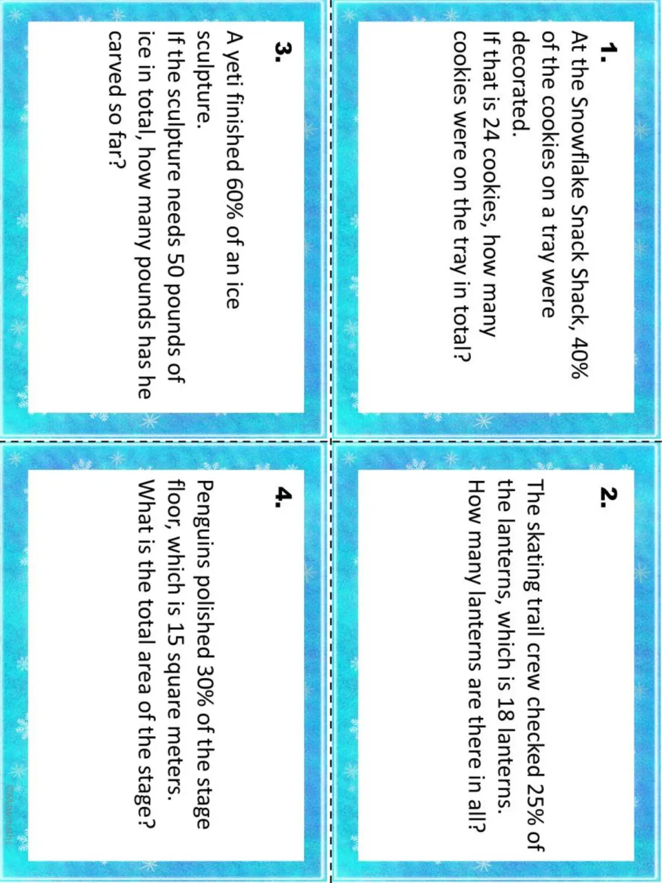 Percent task cards 1-4: decorated cookies, lanterns checked, yeti ice sculpture and stage floor area