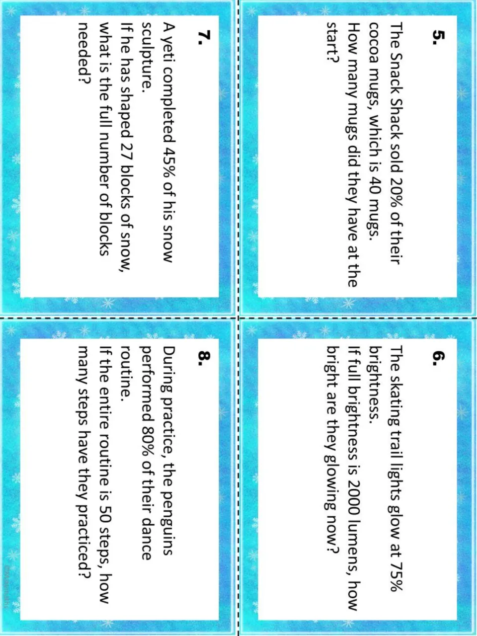 Percent task cards 5-8: cocoa mugs sold, trail light brightness in lumens, yeti snow blocks and penguin dance steps