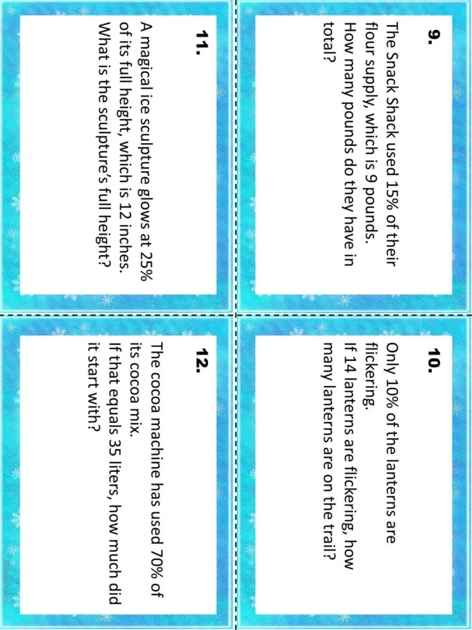 Percent task cards 9-12: flour supply used, flickering lanterns, glowing ice sculpture height and cocoa mix in liters