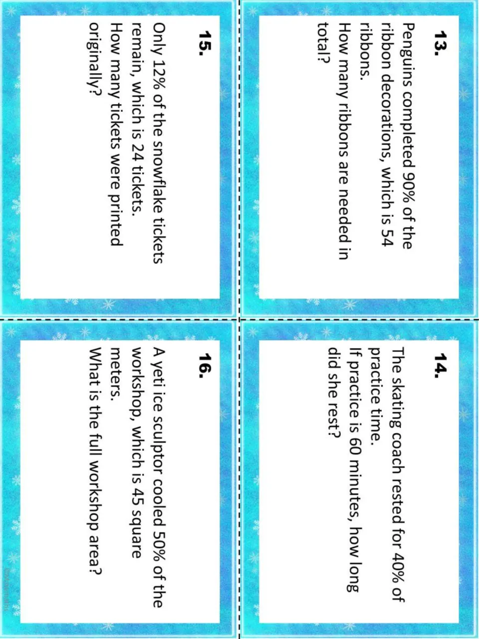 Percent task cards 13-16: ribbon decorations, skating coach rest time, remaining snowflake tickets and yeti workshop area