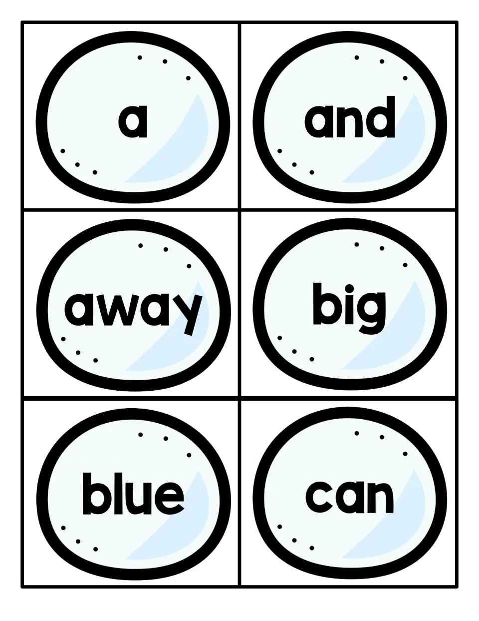 Sight word flashcards on icy-blue snowball shapes: a, and, away, big, blue and can, for students to read on sight