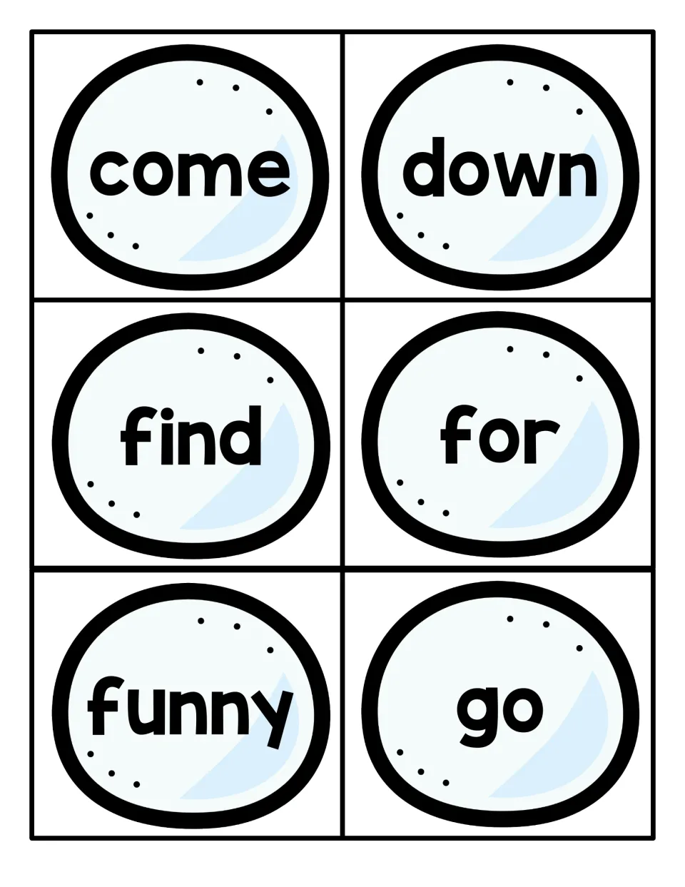 Sight word flashcards for come, down, find, for, funny and go, each word printed large on a snowball for quick recall