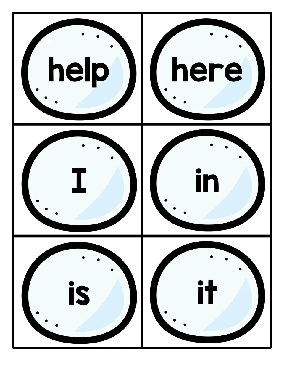 Snowball word cards for help, here, I, in, is and it, giving students short high-frequency words to read aloud