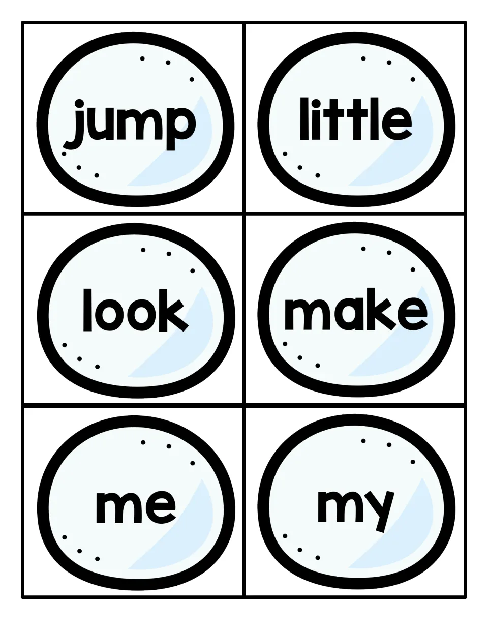 High-frequency word cards for jump, little, look, make, me and my, printed on snowballs for students to read and recall