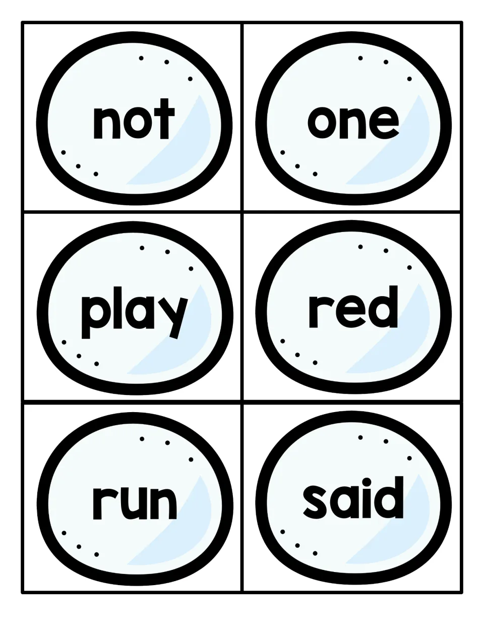 Sight word snowball cards for not, one, play, red, run and said, practising instant recognition of common words