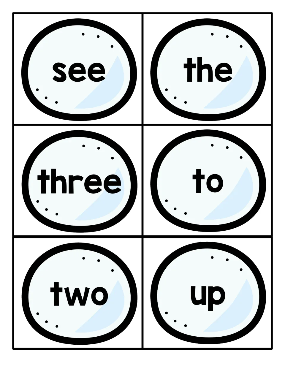 Word cards for see, the, three, to, two and up on snowballs, so students practise reading number and function words