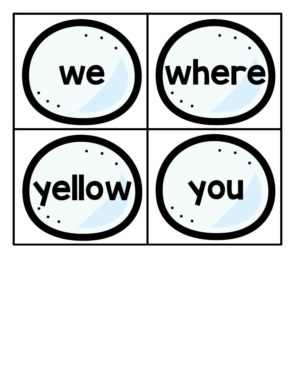Final set of snowball word cards: we, where, yellow and you, completing the list of preprimer words for reading practice
