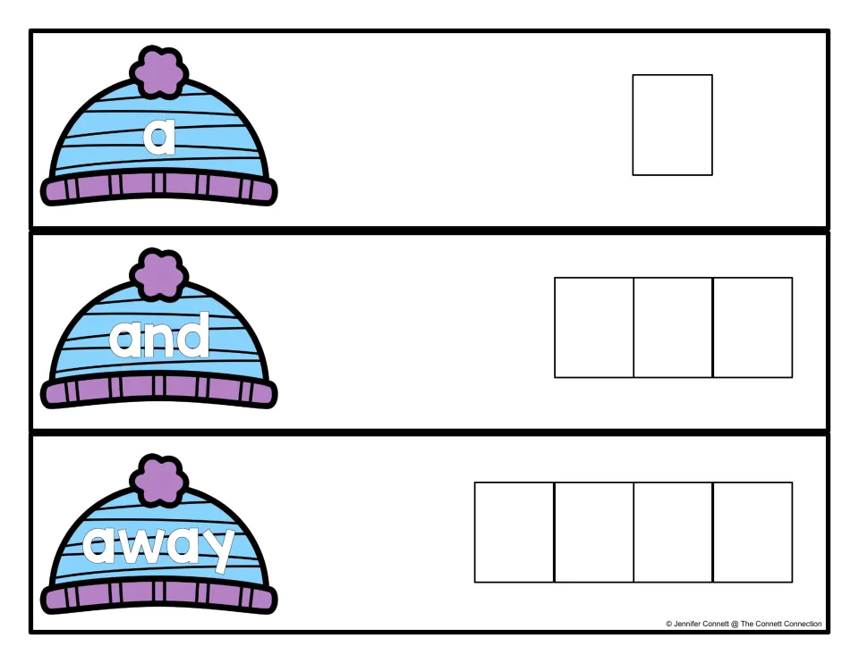 Sight word spelling cards for a, and, away on blue winter hats: students spell each word with one letter per slot