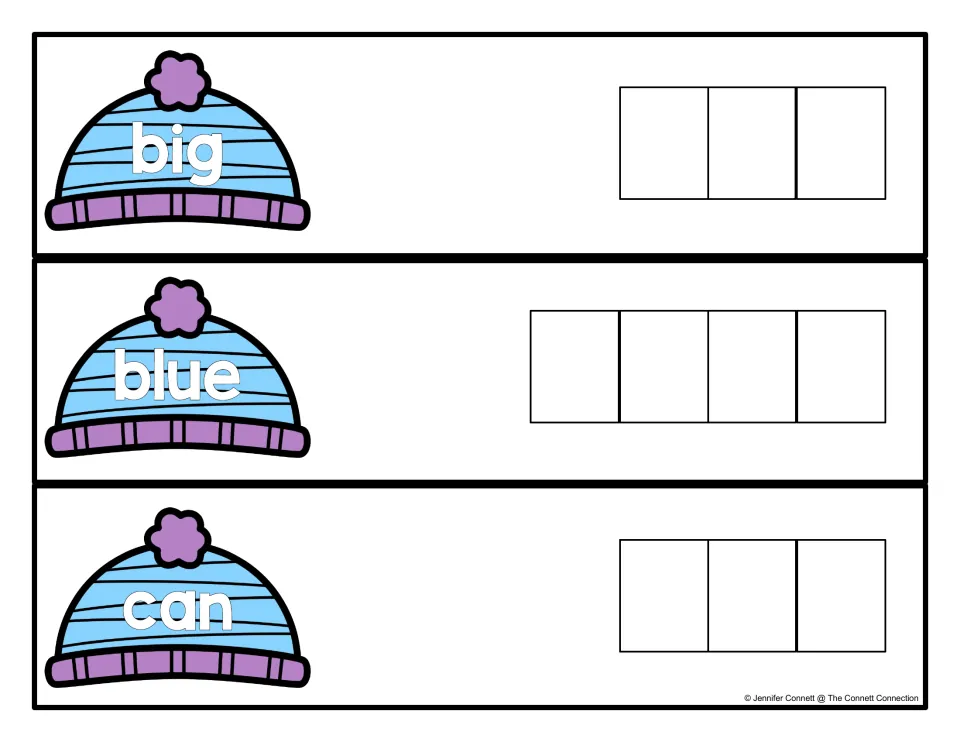 Sight word cards for big, blue and can on winter hats: students copy each word letter by letter into matching slots