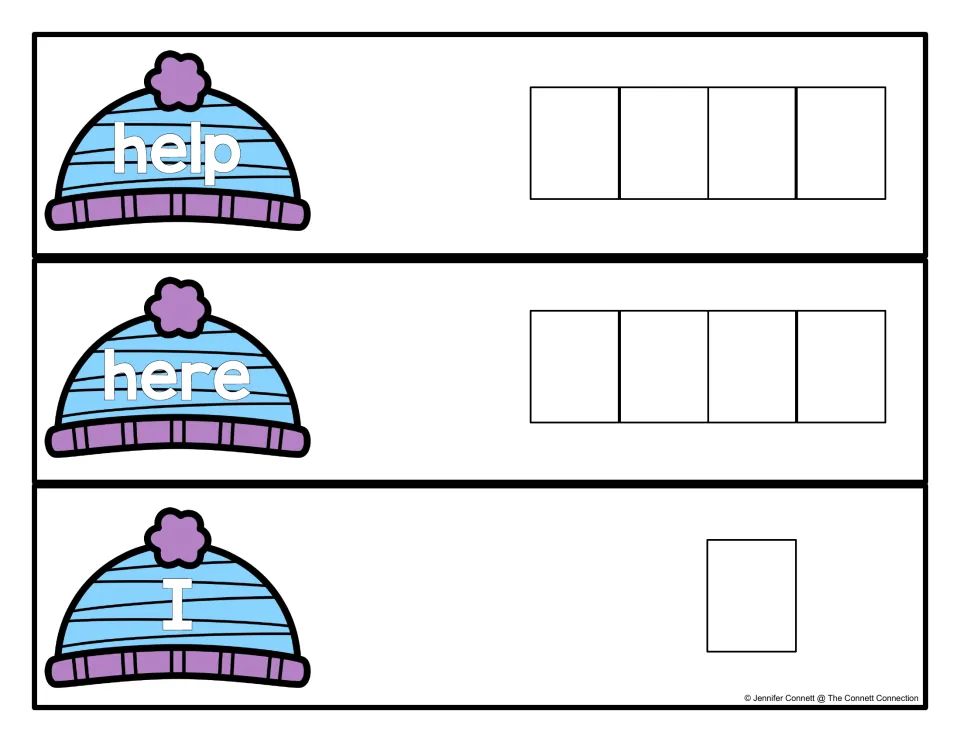 Spelling cards for help, here and I on winter hats: students rebuild each sight word, placing one letter in each slot
