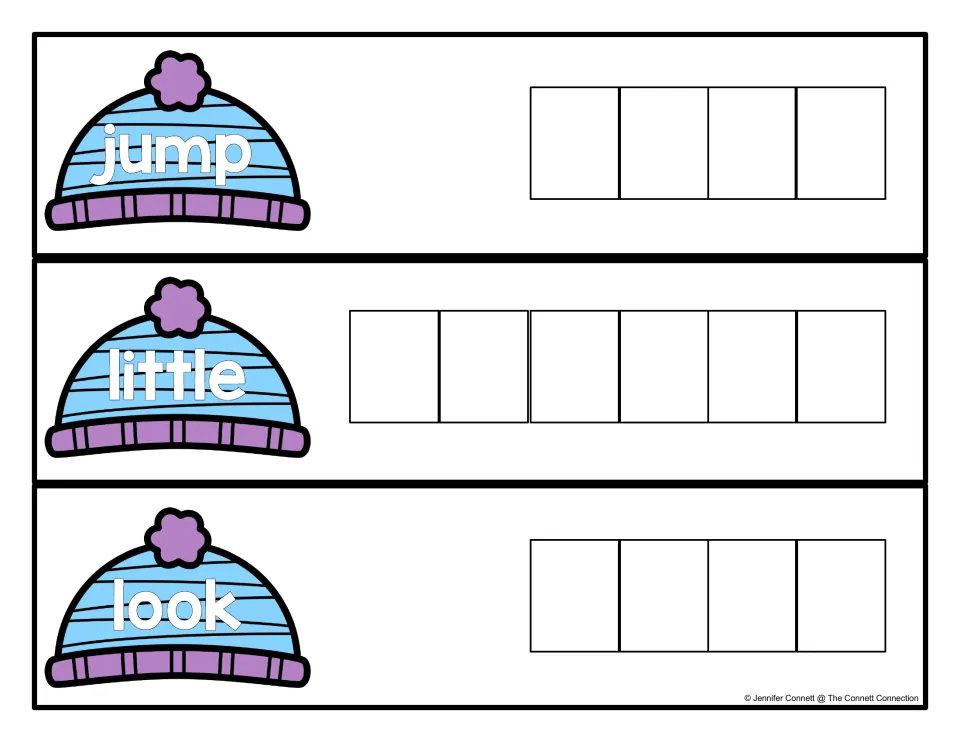 Sight word cards for jump, little and look on winter hats: students spell each word, including six-letter little