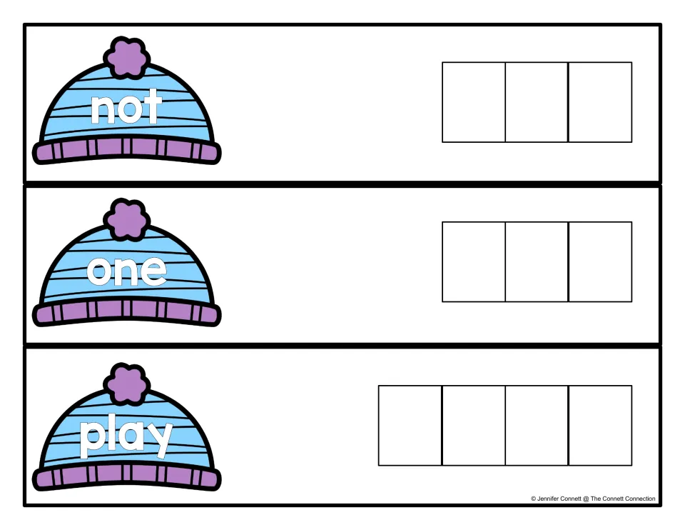 Sight words not, one and play on winter hat cards: students spell each word, placing letters into its matching slots