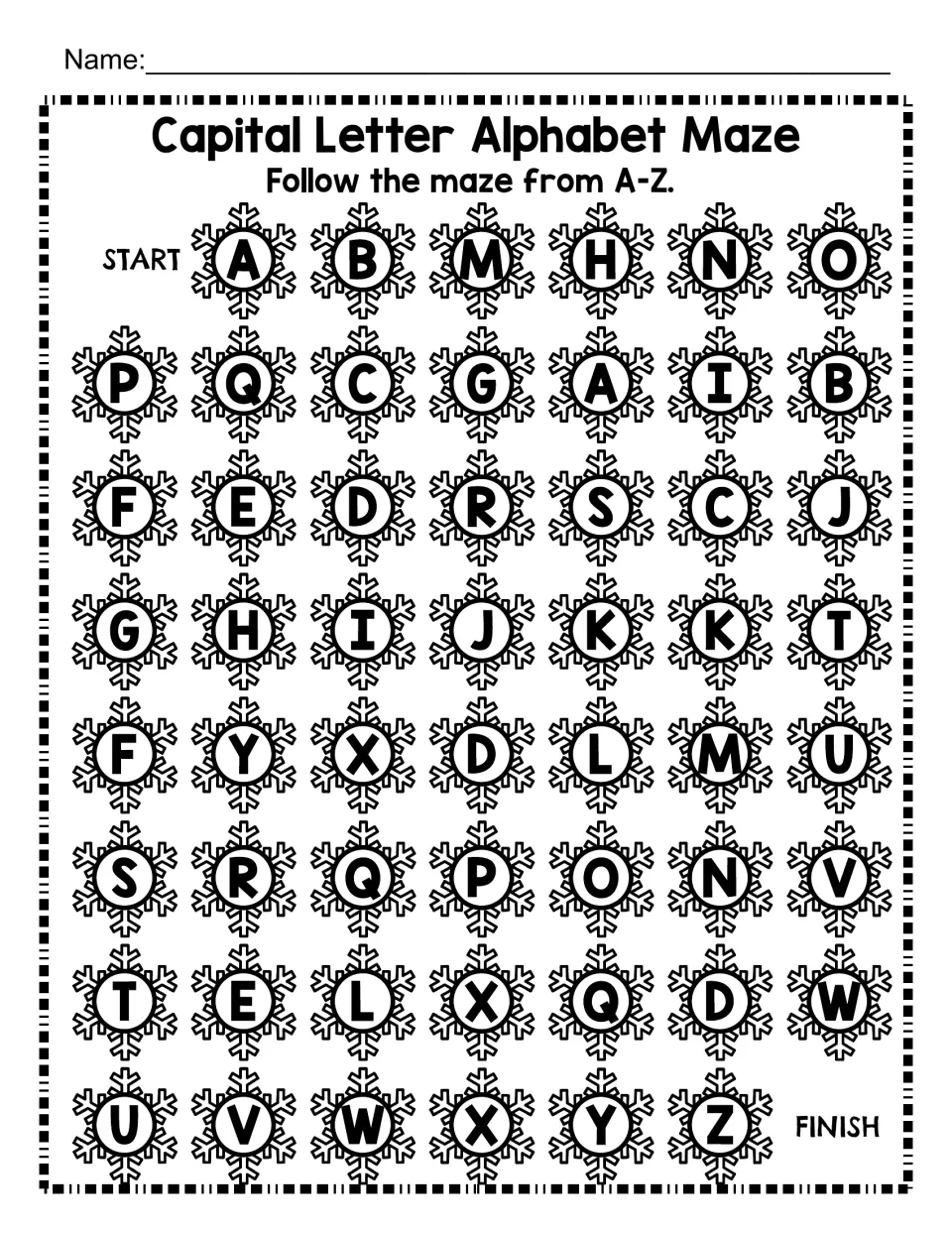Capital letter alphabet maze: follow A through Z among snowflake letters, starting at A and finishing at Z.