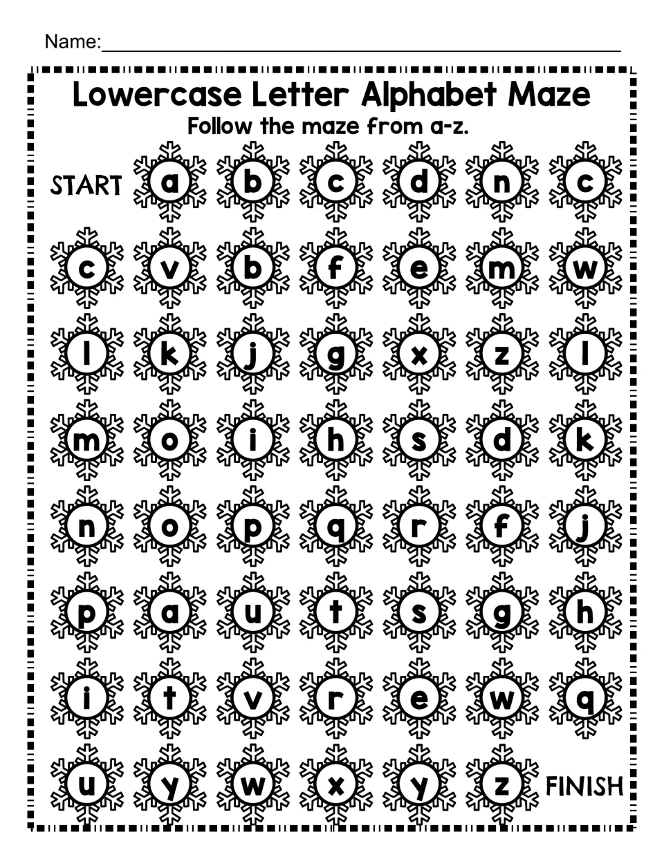 Lowercase letter alphabet maze: follow a through z among snowflake letters from START to FINISH.