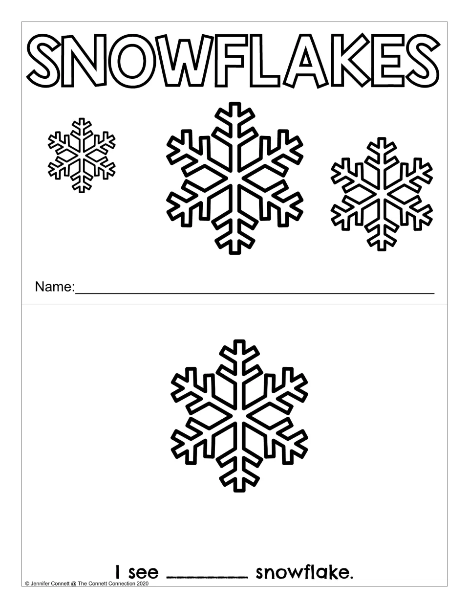 Snowflakes counting reader: cover and first counting page showing one snowflake and 'I see ___ snowflake.'