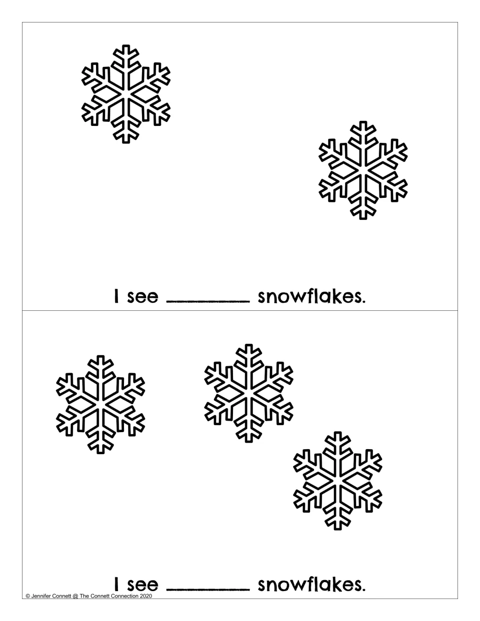 Snowflakes counting reader: two book pages showing two and three snowflakes with 'I see ___ snowflakes.'