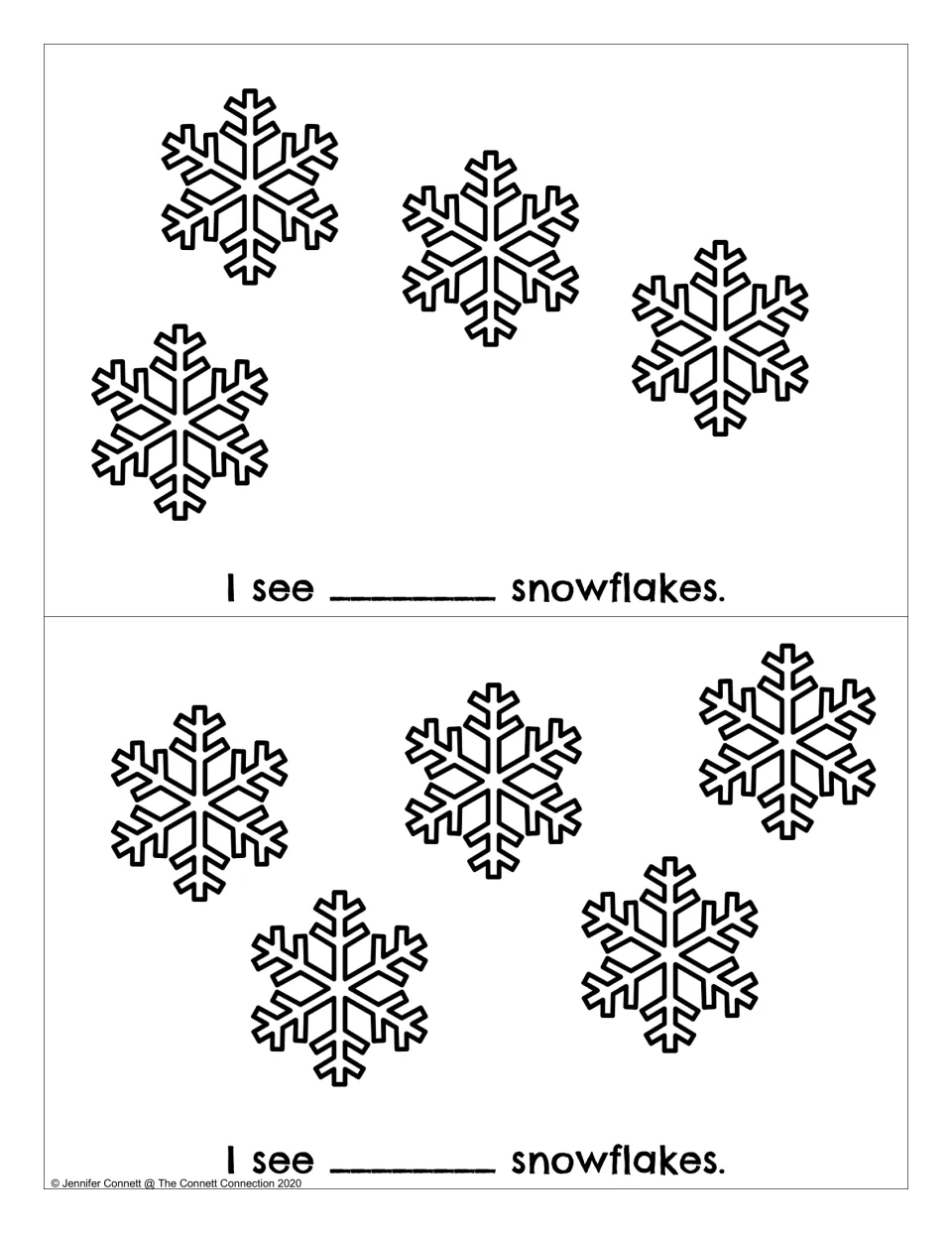 Snowflakes counting reader: two book pages showing four and five snowflakes with 'I see ___ snowflakes.'