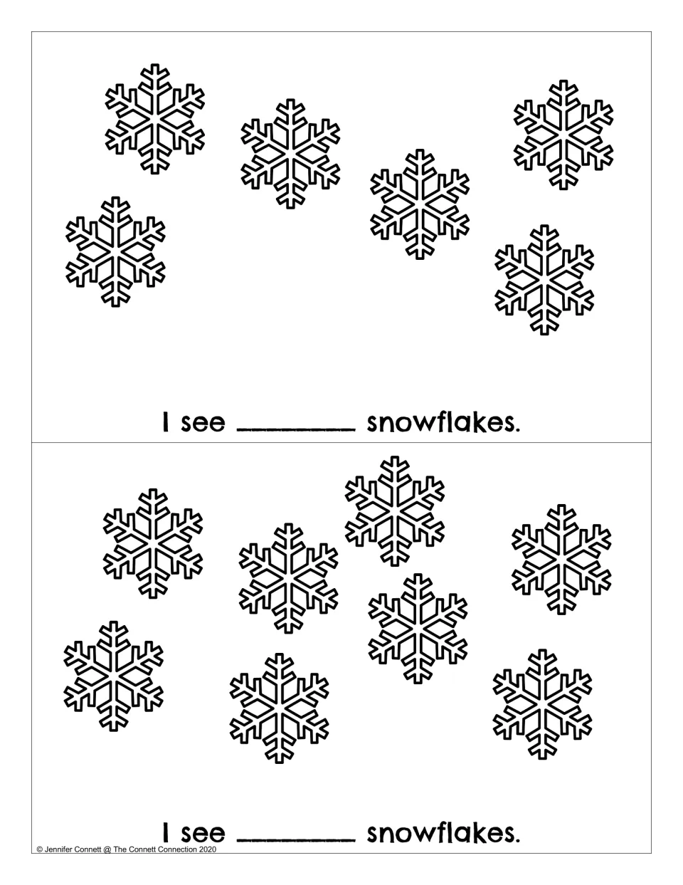 Snowflakes counting reader: two book pages showing six and eight snowflakes with 'I see ___ snowflakes.'