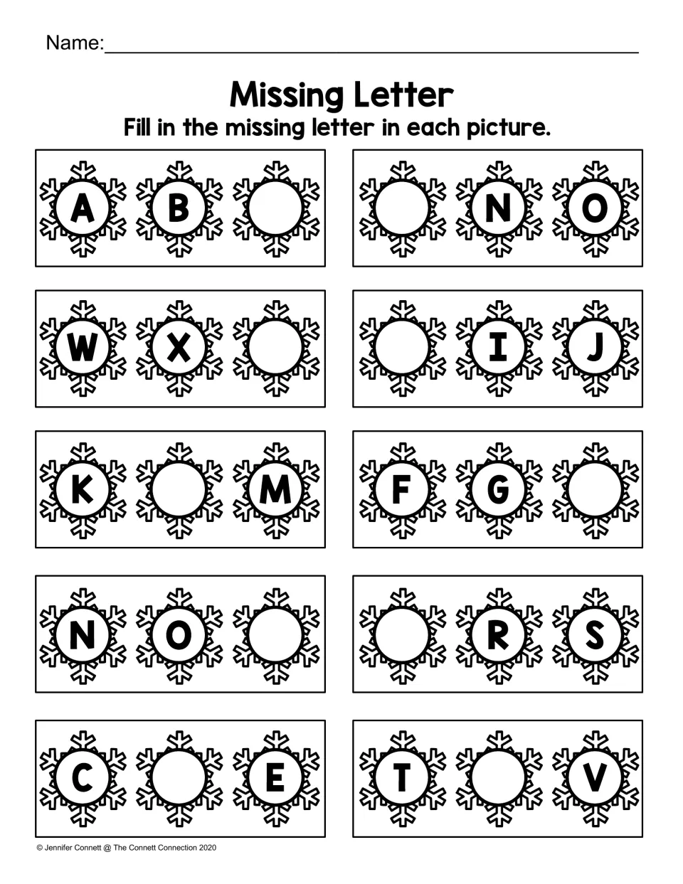 Missing Letter practice: complete 10 capital letter sequences, including A B ___, ___ N O, and K ___ M.