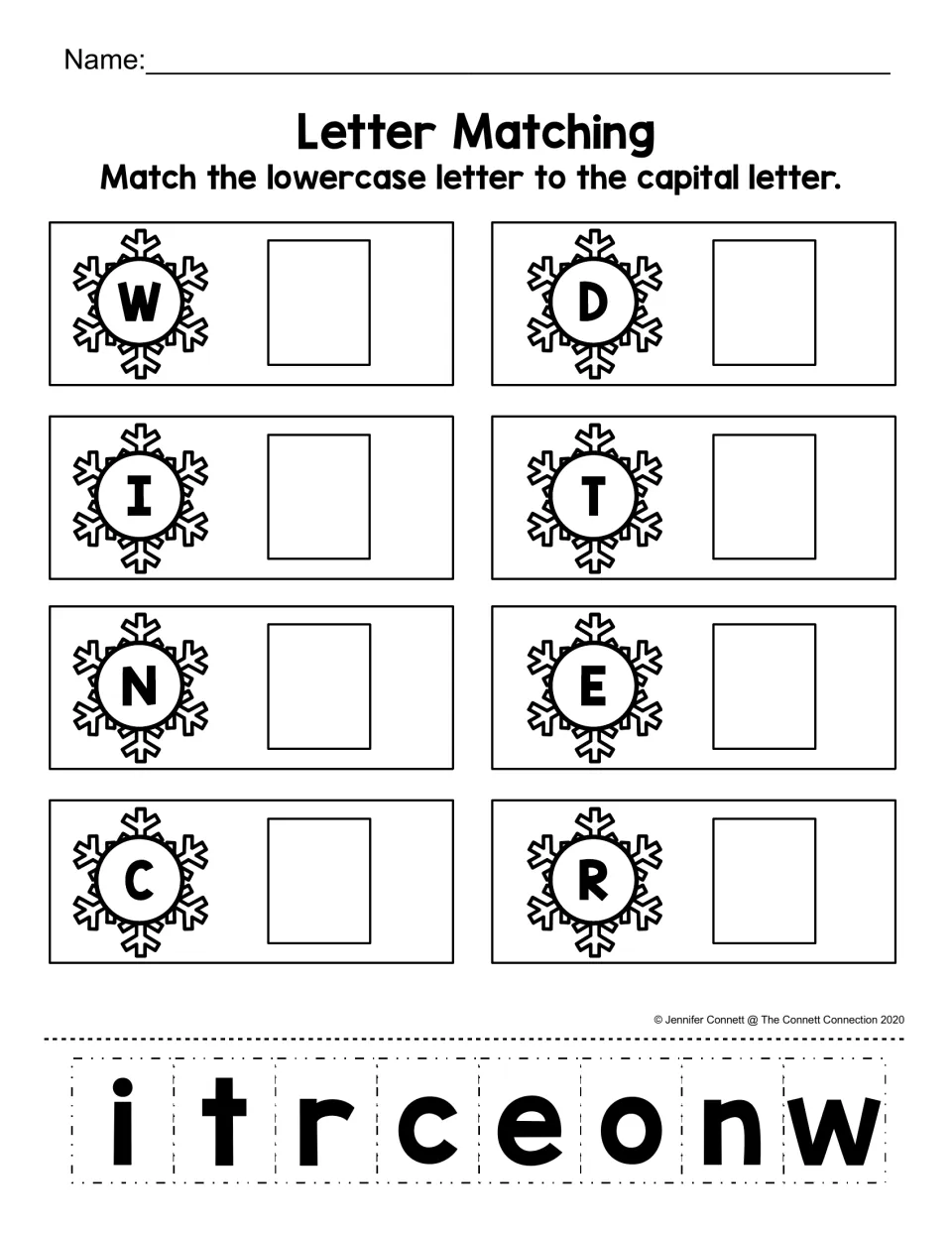 Letter Matching cut-and-paste activity: capitals W, D, I, T, N, E, C, R and lowercase i, t, r, c, e, o, n, w.