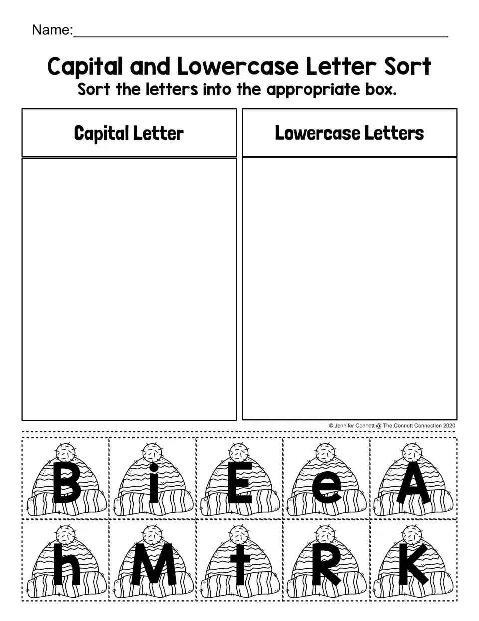 Capital and lowercase letter sort: classify 10 winter hat cutouts labeled B, i, E, e, A, h, M, t, R, K.