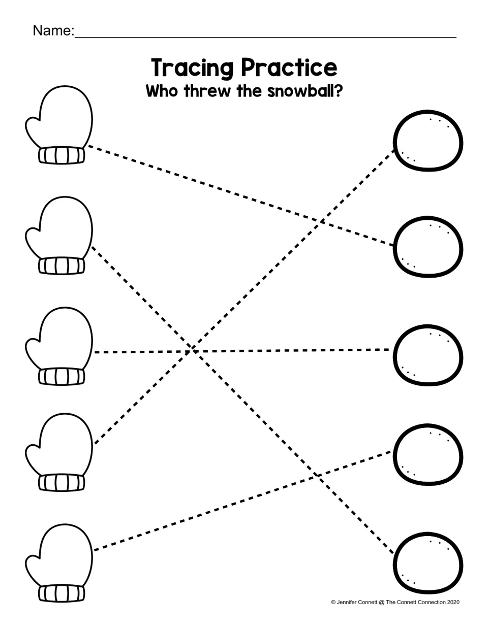 Prewriting tracing practice: 'Who threw the snowball?' Five straight dotted paths connect mittens to snowballs.