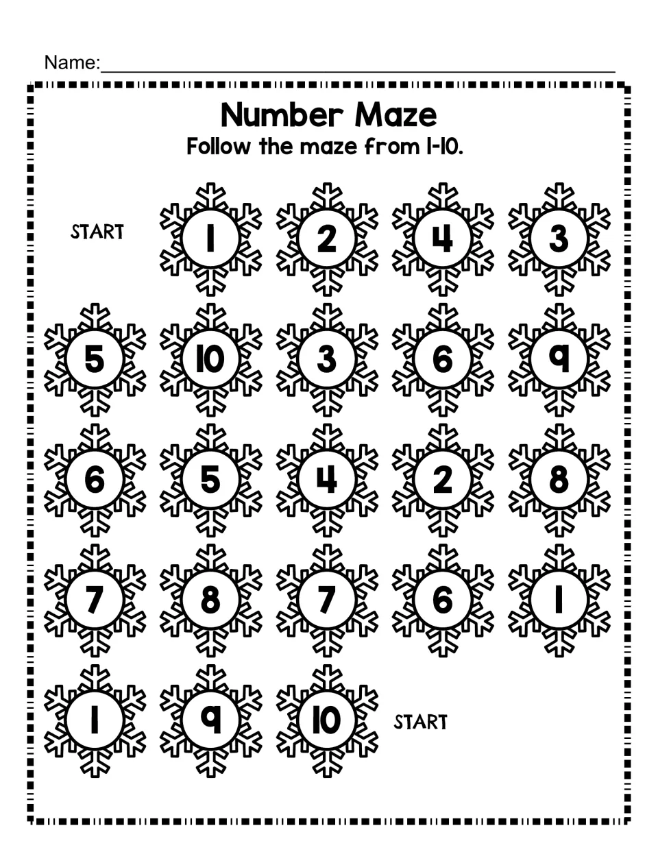 Number Maze 1-10: students follow numbered snowflakes in counting order from START to 10 to practise number sequence