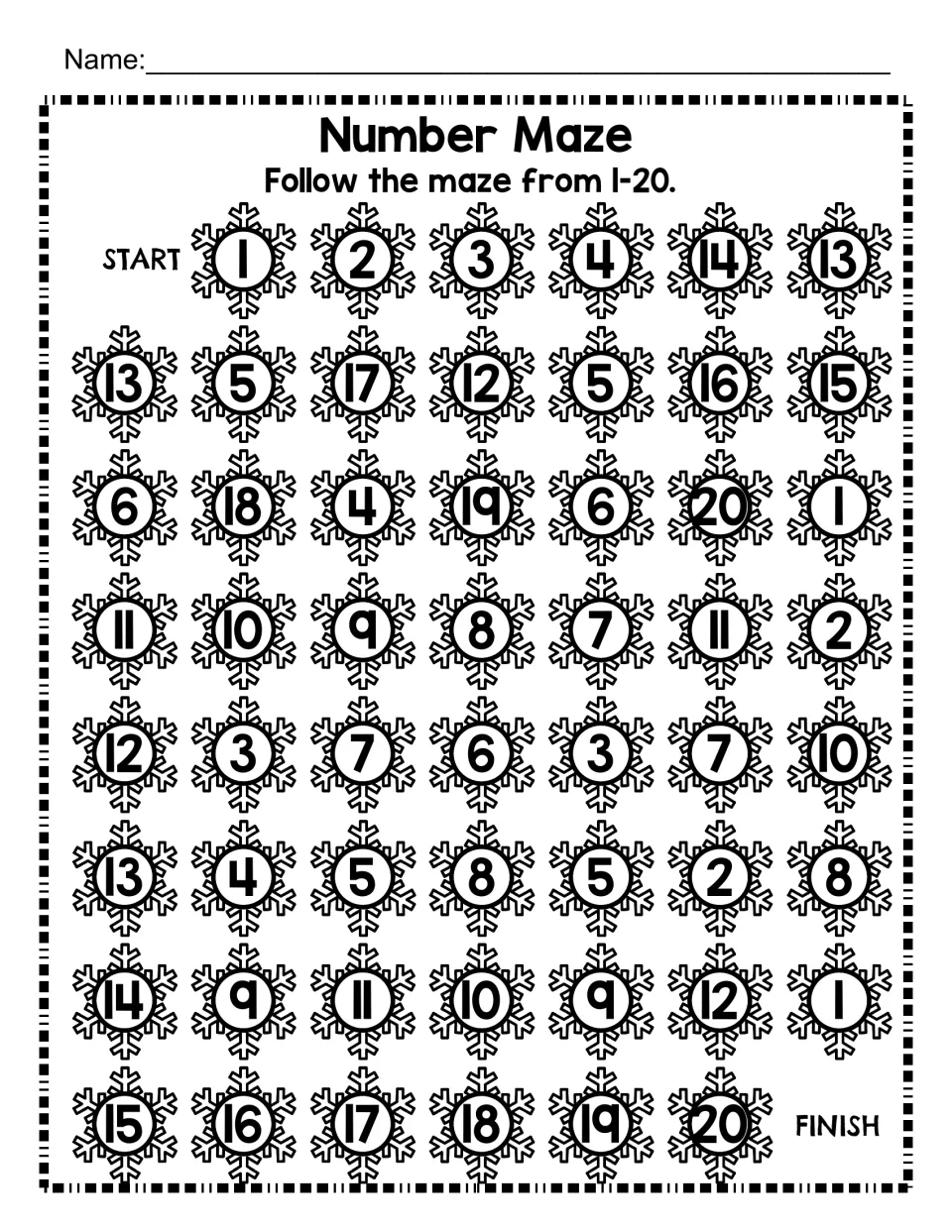 Number Maze 1-20: students trace a path through numbered snowflakes from START to FINISH, counting in order to 20