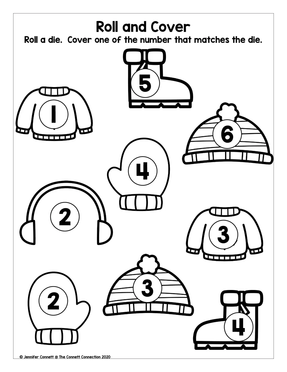 Roll and Cover: students roll a die and cover a sweater, mitten, hat, boot or earmuff showing the matching number 1-6