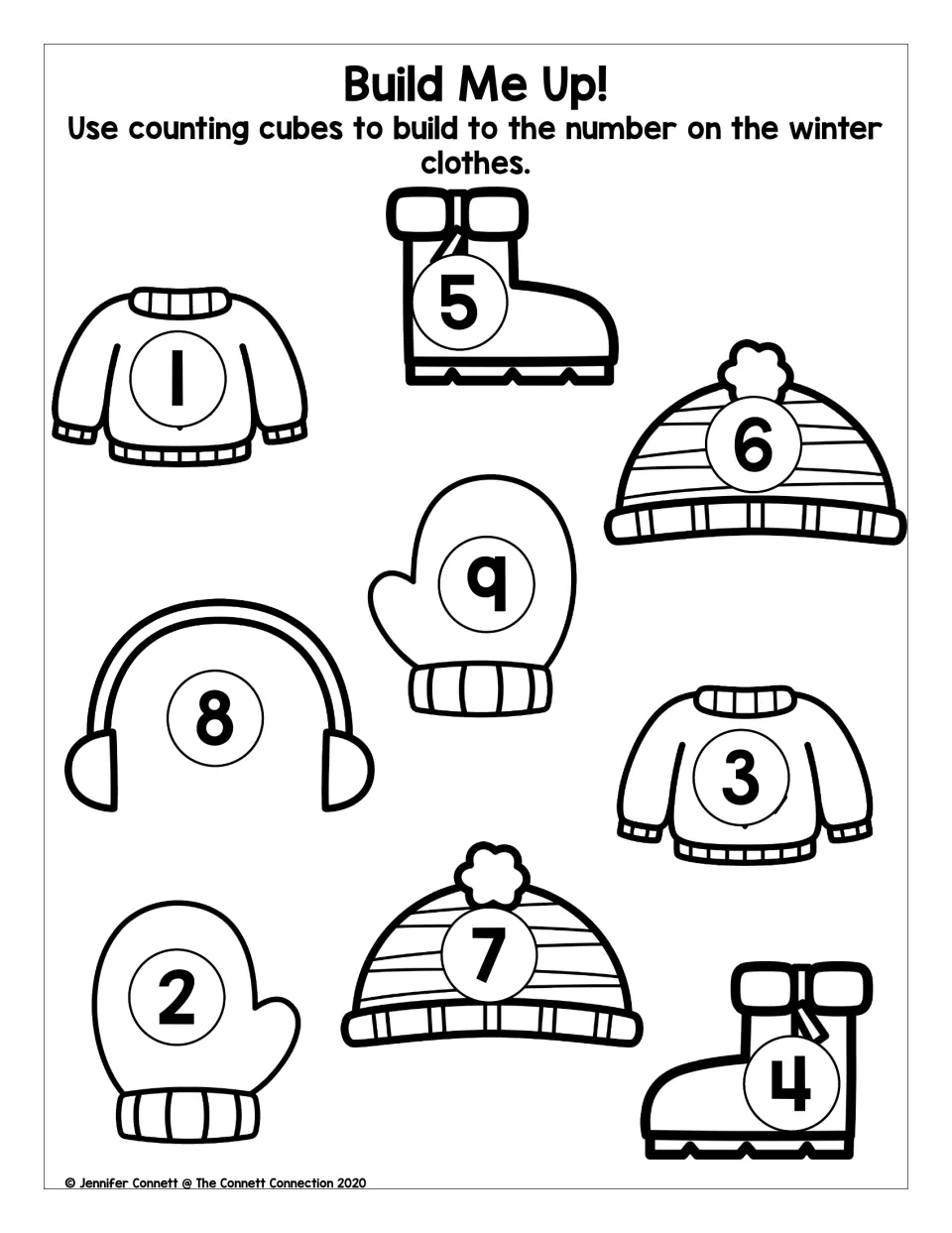 Build Me Up!: students build counting-cube towers to match the numbers 1-9 shown on winter clothes like mittens and hats