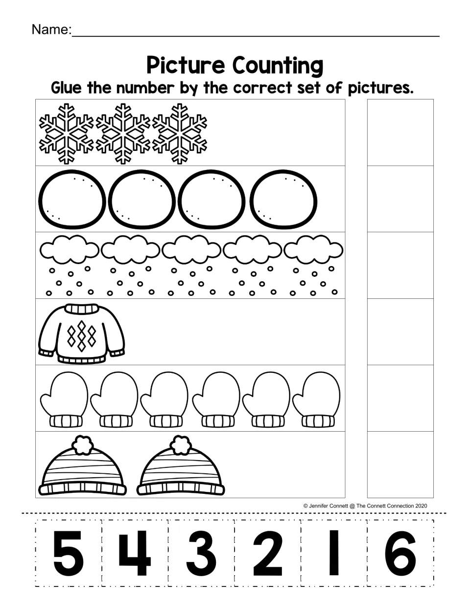 Picture Counting: students count winter picture sets, from 1 sweater to 6 mittens, and glue on the matching number 1-6