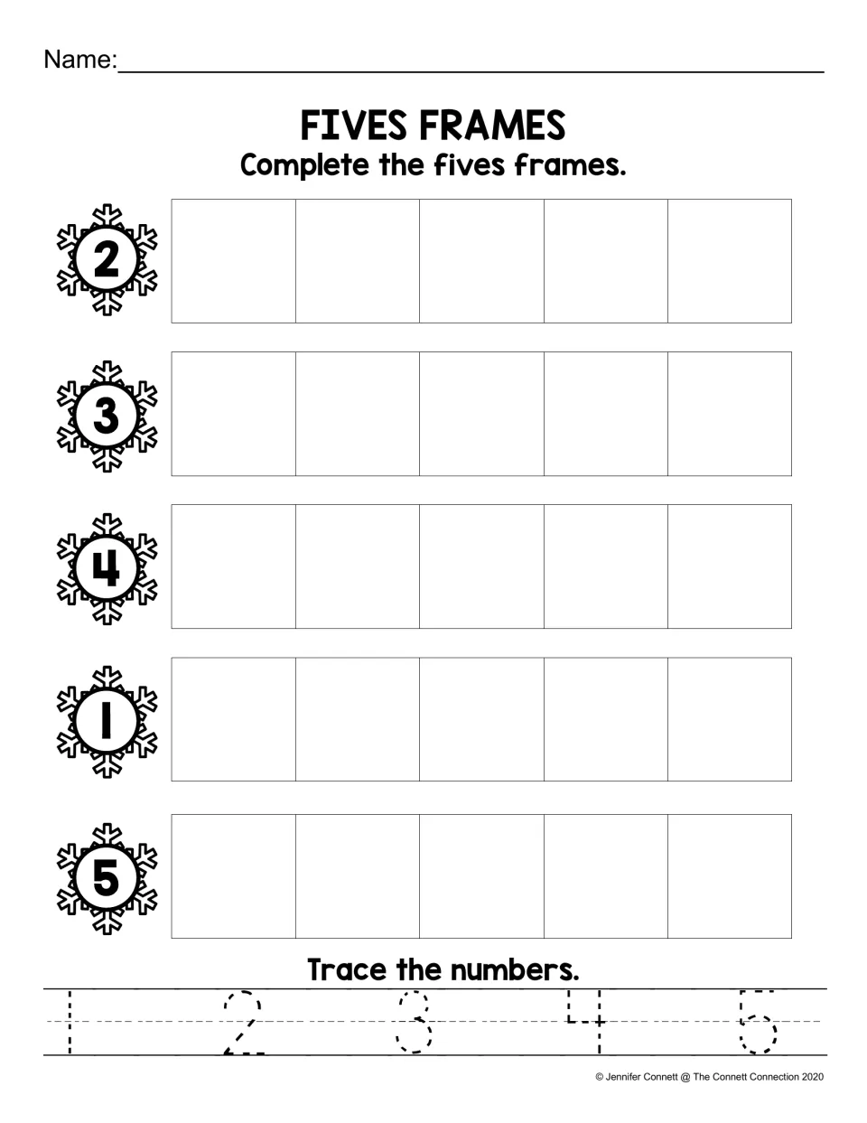 Fives Frames: students fill five frames to show snowflake numbers 1-5, then trace the numerals 1 to 5 for handwriting