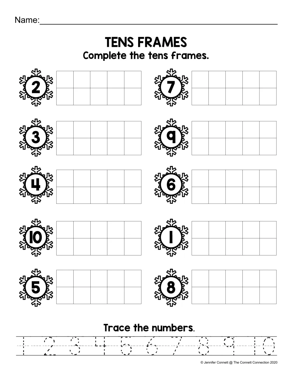 Tens Frames: students fill a ten frame for each snowflake number from 1 to 10, then trace numerals 1 through 10