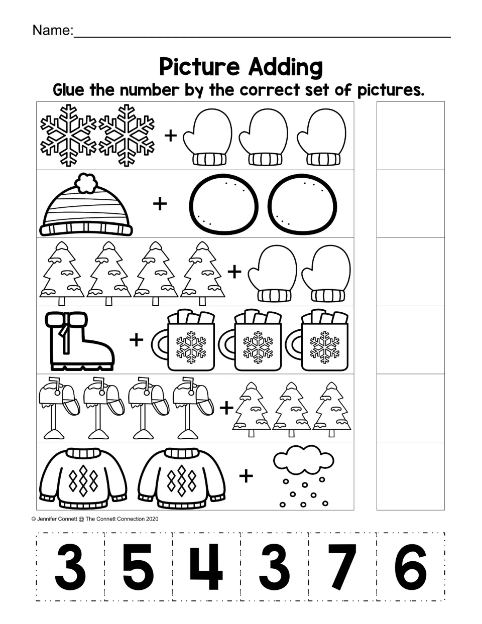 Picture Adding: students add two sets of winter pictures such as snowflakes plus mittens and glue the matching sum card