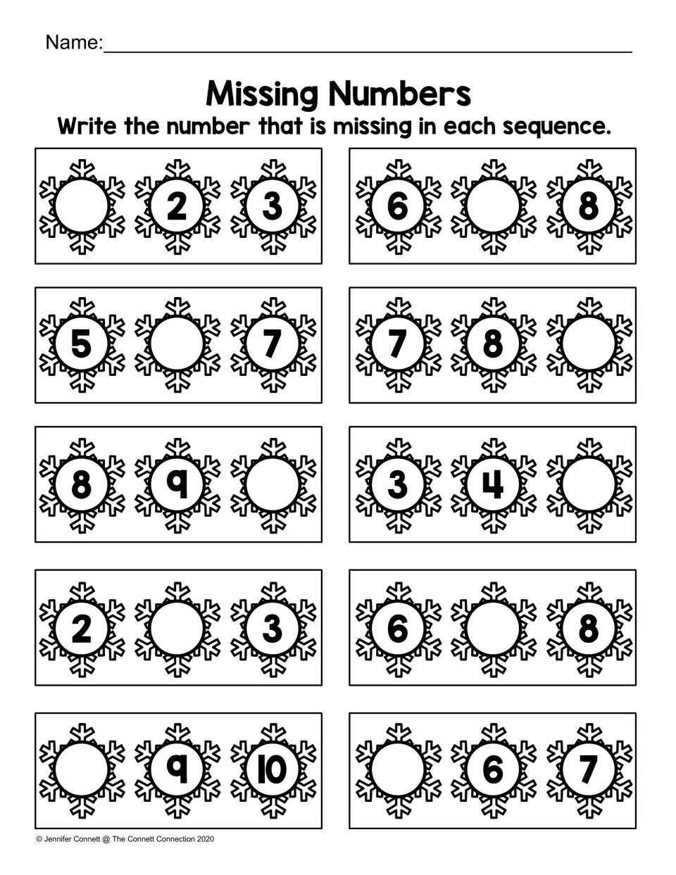 Missing Numbers: students write the missing number in 10 short snowflake sequences such as 5, _, 7 and 8, 9, _