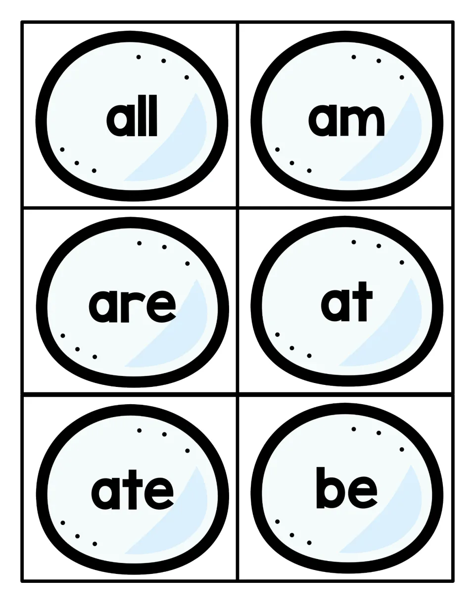 Sight word cards for all, am, are, at, ate and be: six icy blue round cards that students cut apart to read by sight