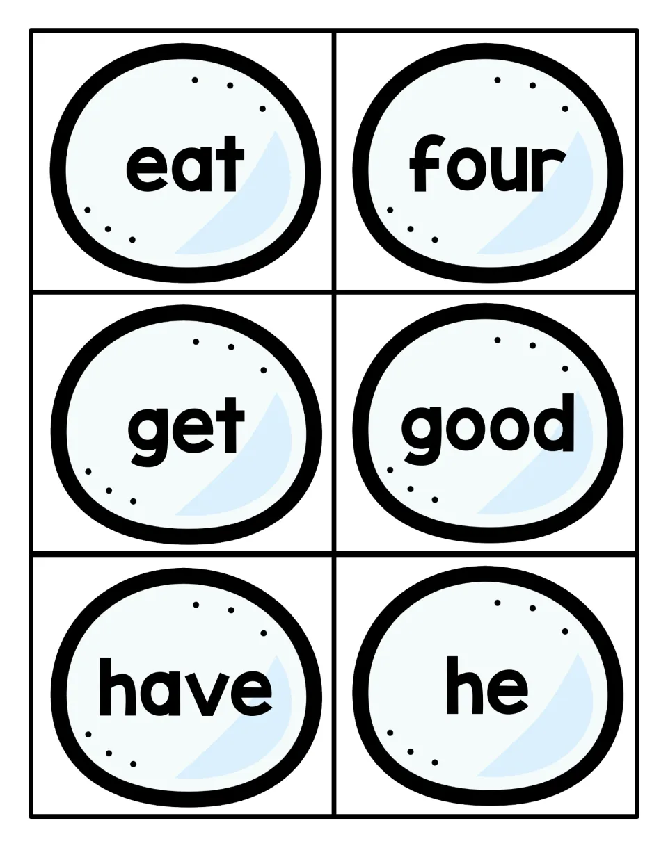 Flash cards with the sight words eat, four, get, good, have and he on icy blue rounds for students to practise reading