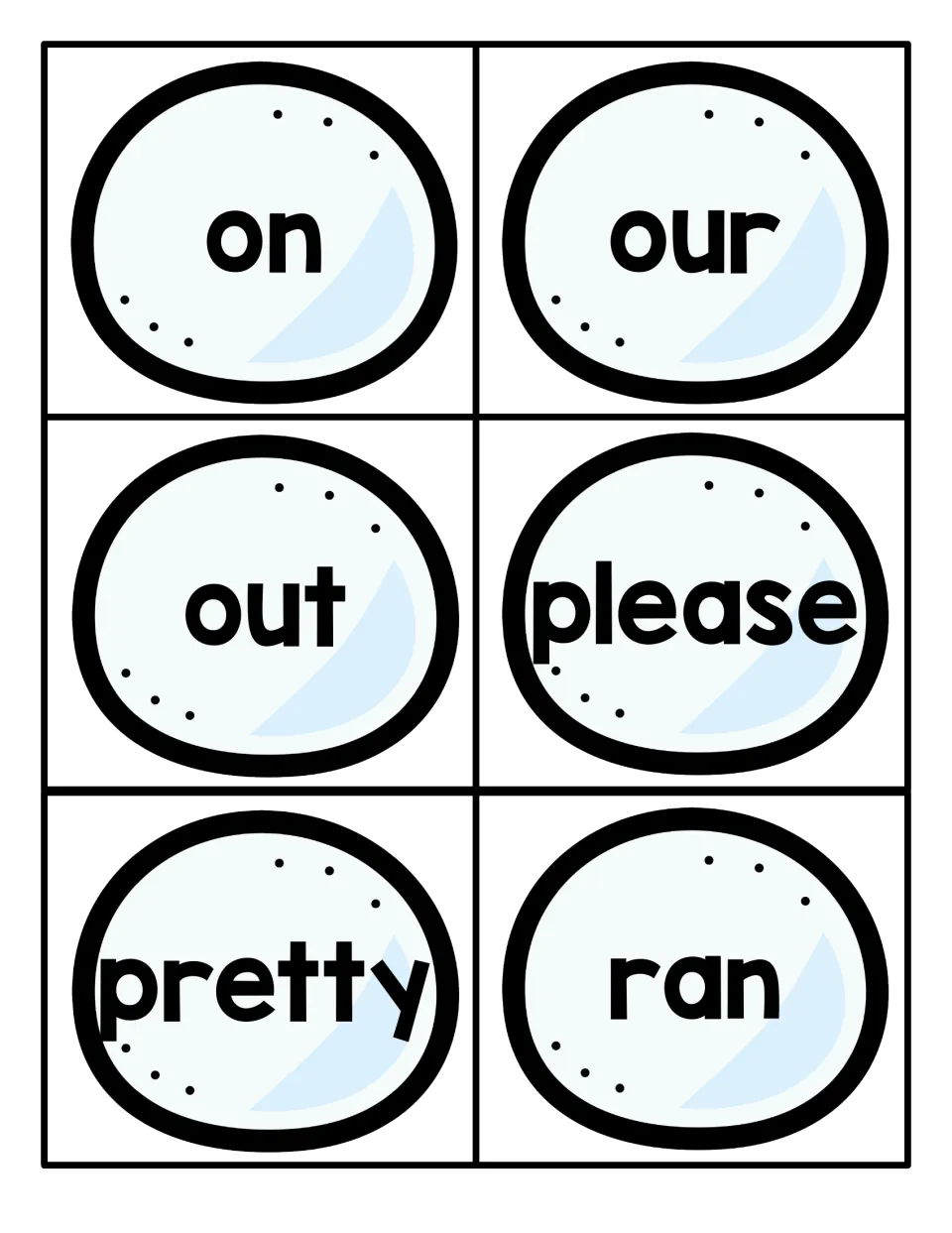 Word cards for on, our, out, please, pretty and ran on icy blue rounds, for cutting apart and practising sight reading