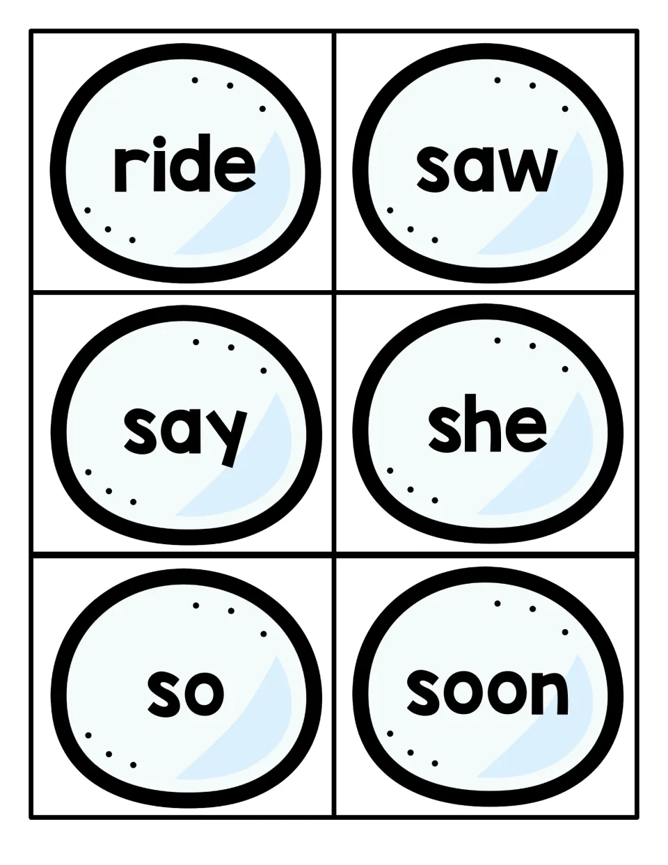 Sight words ride, saw, say, she, so and soon printed on six icy blue round cards to cut out for quick recognition drills