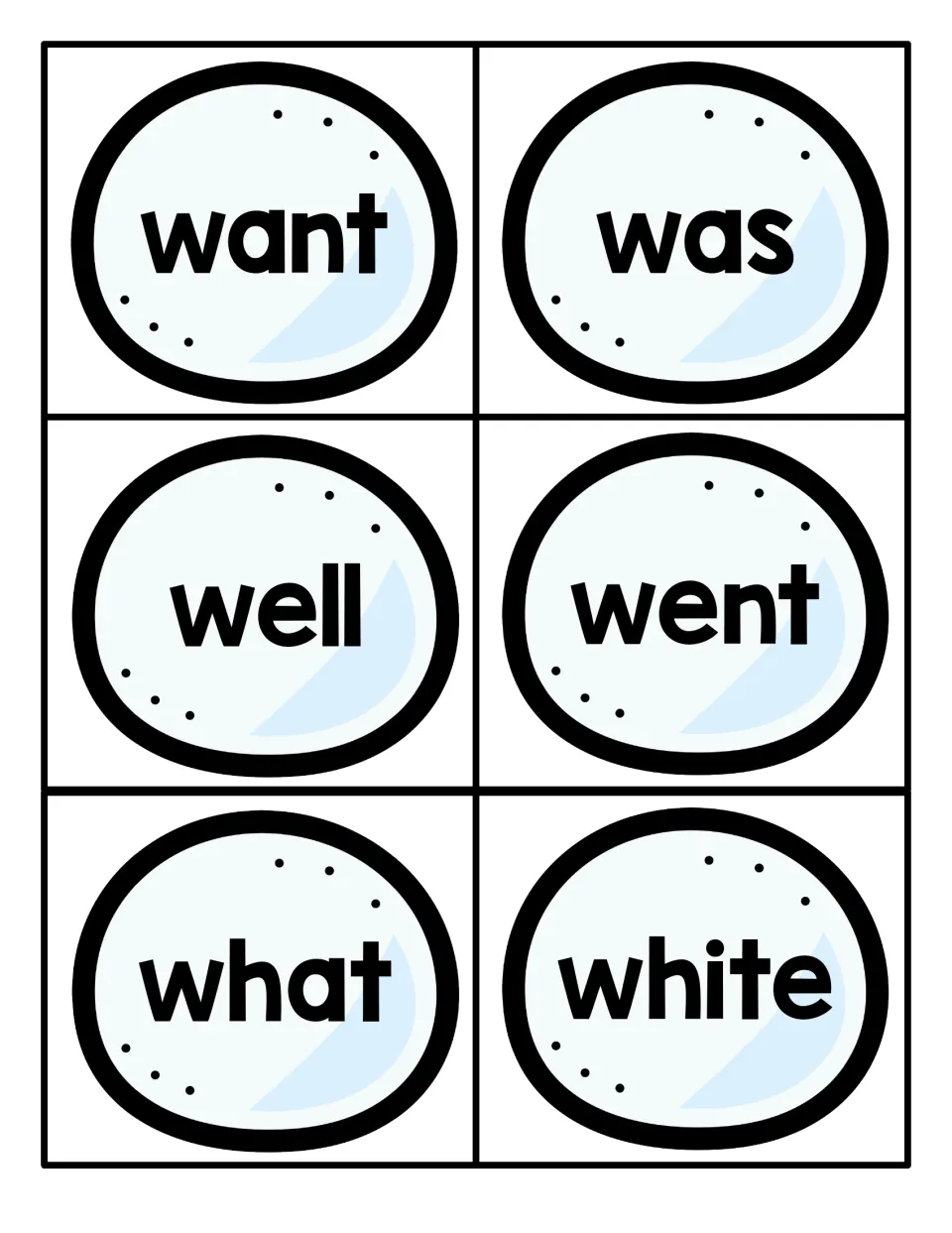 Sight word cards want, was, well, went, what and white on six icy blue rounds for cutting out and repeated reading