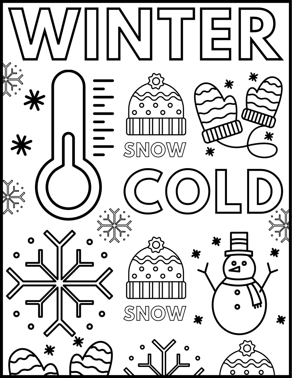 Winter words coloring page: students color WINTER, COLD and SNOW with a thermometer, hats, mittens and a snowman